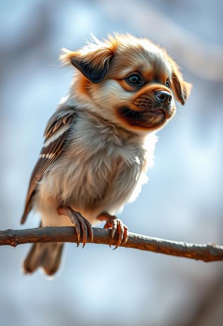 Hybrid between a house sparrow and a puppy, the small, agile body of a house sparrow with the head of a cute puppy, perched on a tree branch, hyper-realistic, action scene, cinematic, perfect textures, tilt-shift effect.