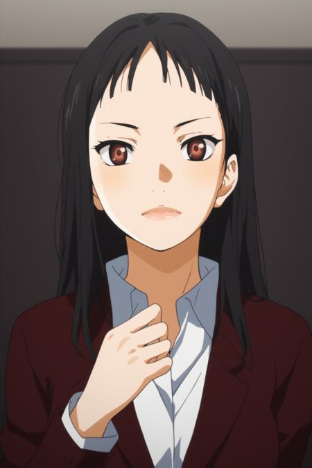 igawa emi, long hair, black hair, bangs, red eyes igawasuit, red jacket, white shirt, collared shirt, red skirt, pencil skirt, black pantyhose, red shoes igawadress, red dress, long dress, long skirt, collarbone, bare sholder, strapless, red shoes