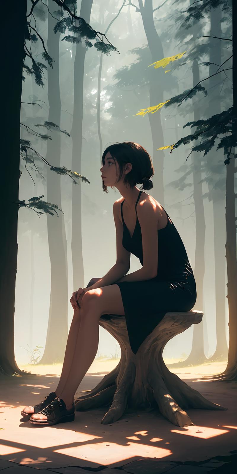 A woman sitting on a tree stump in the woods.