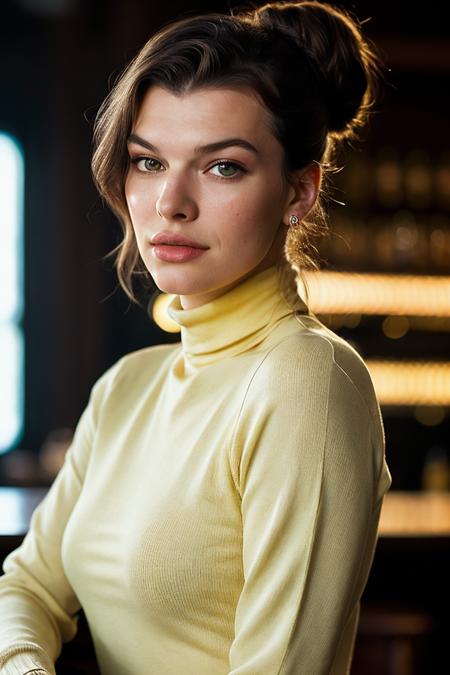 photo of extremely sexy (millajovov:0.99), a woman as a sexy student, closeup portrait upsweep updo, (Road Sign Yellow tight long sleeve turtleneck top), at a cantina sitting bar (masterpiece:1.5) (photorealistic:1.1) (bokeh) (best quality) (detailed skin texture pores hairs:1.1) (intricate) (8k) (HDR) (wallpaper) (cinematic lighting) (sharp focus), (eyeliner)