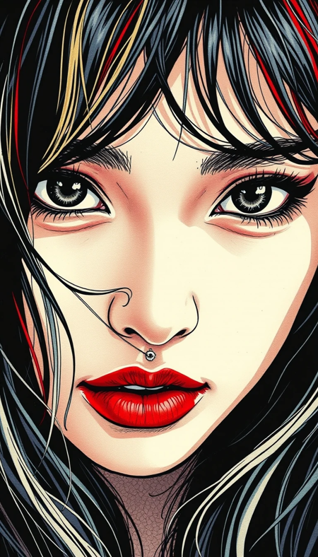 magnificent, photorealistic ink art image in the style of a movie poster, crisp lines, an extreme closeup image of the eyes of a stunning oriental young woman, loose dark hair with blonde and red streaks, red lips slightly parted, dark eyeshadow, alluring, sensual