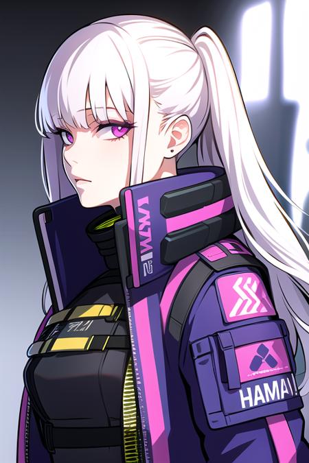 1girl, white hair, long hair, techwear  <lora:strlxsslora:1>, masterpiece, bestquality, realistic, realism, dark purple jacket, portrait, detailed eyes