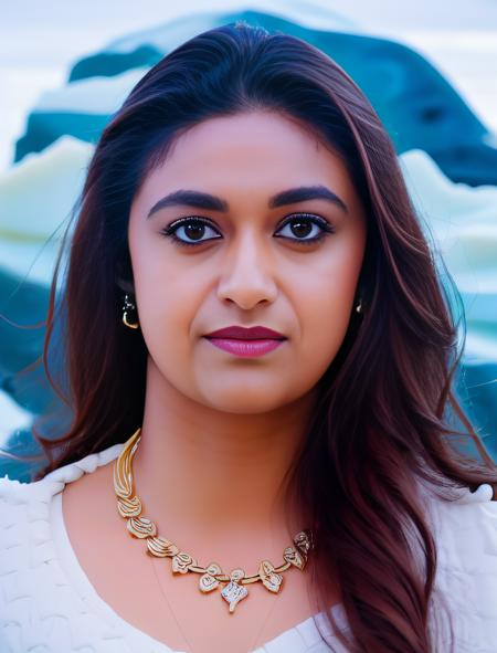 KeerthySuresh, art by Balcomb Greene, photograph, Gorgeous Basic thick Woman surrounded by Icebergs, Gigantic Keychain, Elevating Belts, Masterpiece, film grain, Sony A7, Fish-eye Lens,  <lora:KeerthySureshSD1.5:1>