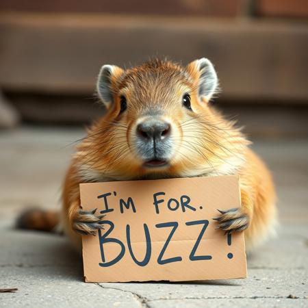 A cute capybara has a cardboard piece with a message asking for BUZZ