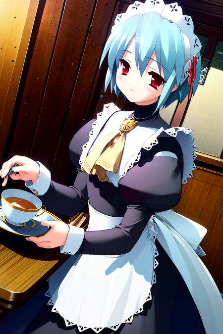 ((masterpiece, high quality, best quality)),
1girl, maid, (hanging eyes, half open eyes:1.4), mature female, light blue hair, red eyes, brooch, food, dutch angle, jewelry, blush, teacup, light smile, short hair, long sleeves, maid headdress, ascot, cookie, plate, hair ribbon, medium breasts, indoors, holding cup, table, apron, saucer, puffy sleeves, juliet sleeves, sitting,
<lora:gayaro-style_v1.1:1.0>