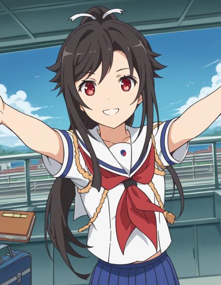 mashiro munetani, long hair, black hair, red eyes, hair ribbon, ponytail, skirt, ribbon, school uniform, short sleeves, pleated skirt, serafuku, blue skirt, neckerchief, red neckerchief,