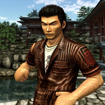 Ryo Hazuki, shenmue, brown shirt, spiky hair, in Japan, dreamcast style <lora:RetroJoyDreamcast:1>