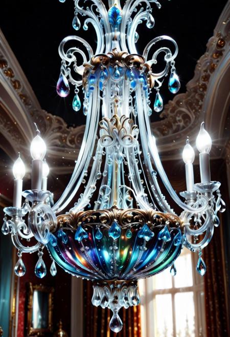 score_9, score_8_up, score_7_up, masterpiece, amazing quality, best quality, very aesthetic, absurdres, very awa, hyper-realistic, ultra-HD, perfect composition, cinematic lighting, volumetric lighting, raytracing, ambient occlusion, extreme close up, 
BREAK
murano_glass_style, Murano Chandelier, crystal droplets, vibrant hues, soft light, ornate filigree,