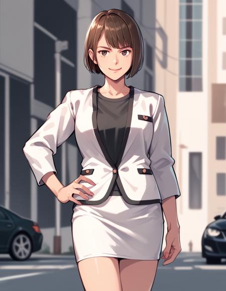 saeko, white jacket, black undershirt, t-shirt, white skirt shirosakisaori, glasses, cardigan, white shirt, black skirt, long skirt sayama, black jacket, pant suit