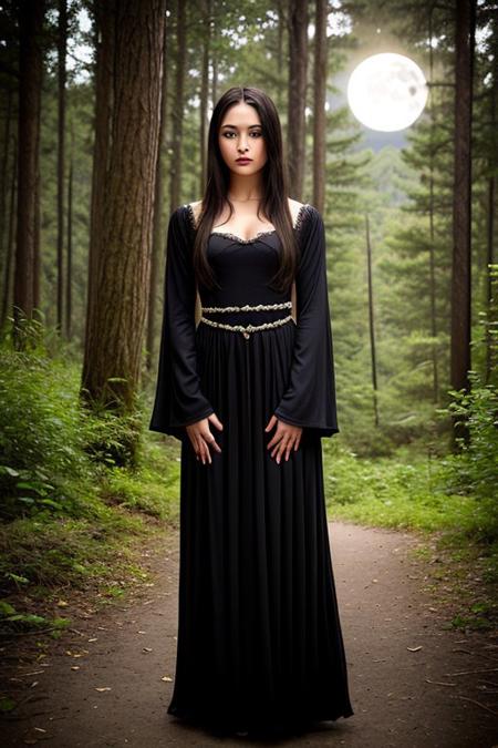 masterpiece), best quality, (full body) A beautiful Wiccan witch under the full moon surrounded by forest, expressive eyes, perfect face, glamourous, exotic, alluring, seductive, seductive, sexy, desirable, nubile, gorgeous, stunning, beautiful Girl