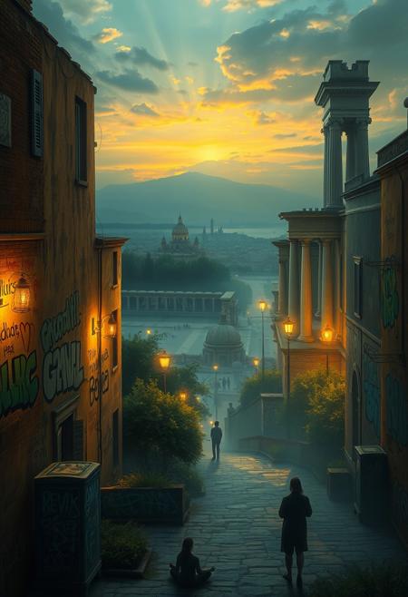 A dreamlike cityscape where glowing figures meditate while graffiti-covered walls depict chaotic protest scenes, romanticism, poetic landscape, Italian countryside, soft golden light, classical ruins, serene atmosphere, symbolic natural scenes, melancholic tone, harmonious composition, early evening glow, pastoral serenity, muted colors, spiritual naturalism, pre-Raphaelite influence, idealized nature, 19th century Italian art