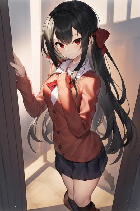 {artbook}, girl, student, very long hair, {black hair}, hair bow, looking at viewer, {{{red eyes}}}, small breasts, brown cardigan , school uniform, boots, closed mouth, light smile, shy, black kneehighs,straight hair,  ,