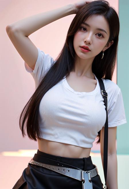 <lora:tifa-nvwls-v2:0.6>, (((defTifa:1.3))), (((red eyes:1.3))), (((low-tied long hair:1.3))), (((earrings))), (((white crop top:1.3))), (((white crop top:1.3))), (((suspenders))), (((black miniskirt:1.3))), (((pencil skirt:1.3))), (((Only very beautiful woman of 20 years old:1.3))), (((perfect anatomy:1.3))), (((beautiful face:1.3))), (((perfect face:1.3))), (((perfect lighting:1.3))), (((solo:1.3))), perky breasts, (((beautiful large breasts:1.3))), (((narrow waist:1.3))), (((wide hip:1.3))), RAW, (((Masterpiece:1.3))), (((best_quality:1.3))), (((illustrations:1.3))), high contrast, (((8K UHD wallpaper:1.3))), high resolution, distinct image, finely detailed, (((HDR)))