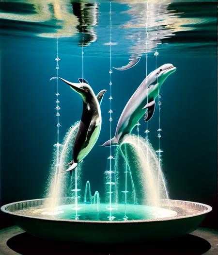 (waterworksv2-500:0.4) water shooting up from water fountain, dolphins