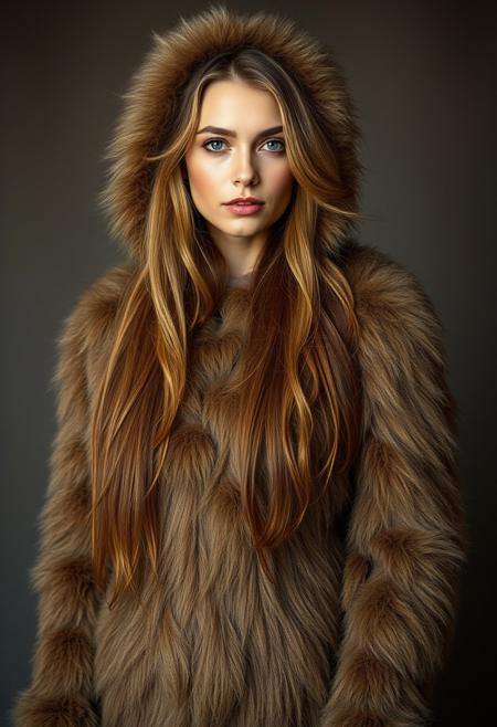 full-length view of a beautiful Scandinavian woman with long thick furry fuzzy fluffy fur growing on her body and face