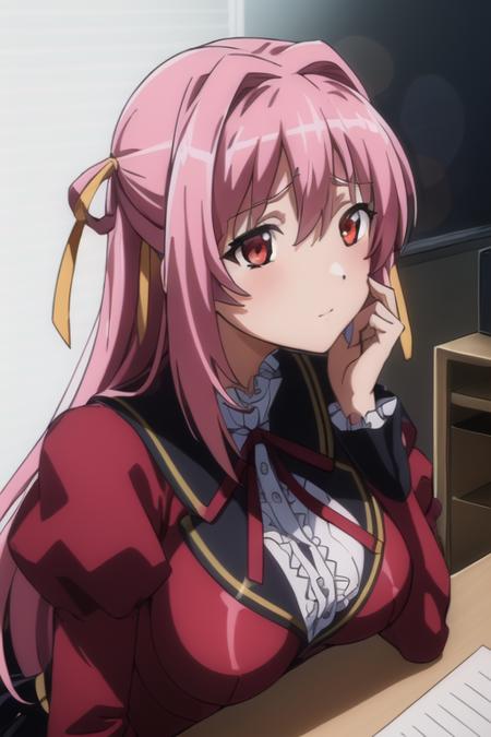 (Night:1.7), Japan, Tokyo, CityView, Before Window,in a room with a desk and chair in front of her and a computer on the desk,
Standing at attention,Hands down,(Upper_body:1.3),
red jacket,long sleeves,school uniform, skirt,puffy sleeves,red dress,thighhighs,detached sleeves,
<lora:Yuna_Sakurasawa_Gakuen_Saimin_Reido-KK77-V1:0.7>,neck ribbon,black ribbon,
pink hair,red eyes,yellow ribbon,Long_hair,
1 girl,20yo,Young female,Beautiful Finger,Beautiful long legs,Beautiful body,Beautiful Nose,Beautiful character design, perfect eyes, perfect face,
looking at viewer,(innocent_big_eyes:1.0),(expressionless:1.3),
official art,extremely detailed CG unity 8k wallpaper, perfect lighting,Colorful, Bright_Front_face_Lighting,
(masterpiece:1.0),(best_quality:1.0), ultra high res,4K,ultra-detailed,
photography, 8K, HDR, highres, absurdres:1.2, Kodak portra 400, film grain, blurry background, bokeh:1.2, lens flare, (vibrant_color:1.2)
(Beautiful,large_Breasts:1.4), (beautiful_face:1.5),(narrow_waist),