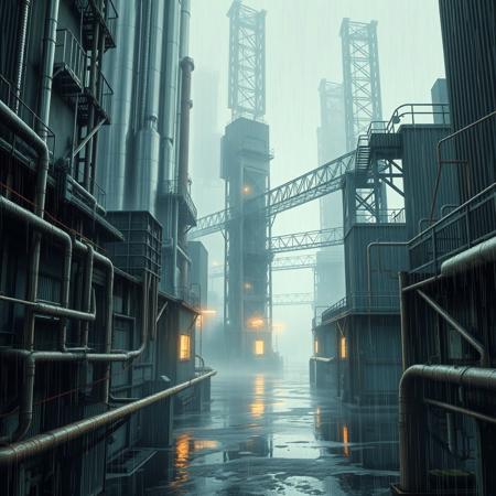 A liminal space in Amegakure, the Hidden Rain Village, exactly as seen in Naruto. Towering metal buildings rise into the misty sky, their surfaces slick with constant rainfall. The narrow streets are lined with pipes, walkways, and industrial structures, all soaked in a never-ending drizzle. Neon lights flicker faintly, reflecting in the puddles that cover the ground.
The village is completely empty—no people, no movement, only the sound of raindrops echoing through the deserted alleys. The metal bridges connecting the high-rise structures stretch into the distance, disappearing into the fog. The air is thick with humidity, and the usual bustling presence of shinobi is gone. The city feels suspended in time, its mechanical heart still beating, but with no one left to witness it. The rain continues to fall, endlessly, over a village lost in solitude.