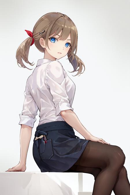 1girl blue eyes twintails hair ribbon white shirt black skirt black pantyhose