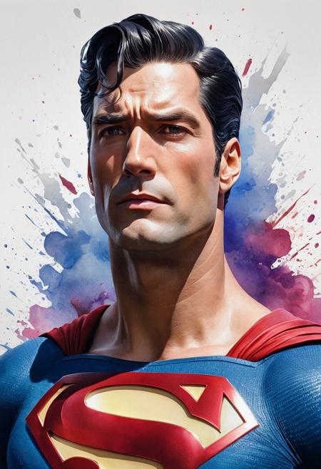 Surrealism. Watercolor portrait of Superman, head and shoulders portrait, 8k resolution concept art portrait by Greg Rutkowski, Artgerm, WLOP, Alphonse Mucha dynamic lighting hyperdetailed intricately detailed Splash art trending on Artstation triadic colors Unreal Engine 5 volumetric lighting