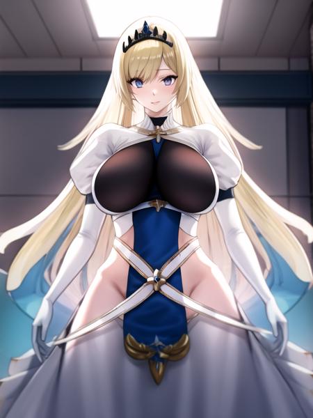 (hyper extreme detailed), (masterpeace), (hyper extreme), (photorealistic), CG, llustration, novel illustration, game cg,(large filesize:0),(doujin cover:1),(decensored:0),(nomal anatomy:1), (perfect anatomy:0), (good anatomy:1.0), (perfect body:0), (reproduced face:1),solo,1girl,indoors,(pregnant:0),(pussy:0),(cum in pussy:0),(impregnation:0),(ahegao smile:0),(spread legs:0),(completely nude:0),(nude:0), standing,arm up,  Painleve,blonde hair,tiara,white elbow gloves,long skirt,black shirt,blue apron,white Mermaid dress,puffy sleeves,  <lora:Painleve_v1:0.99>