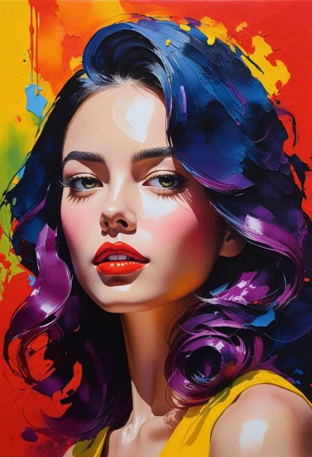 vibrant portrait combines thick brush strokes and impasto techniques to create a textured, almost three-dimensional effect, blending the fluidity of watercolor with the opacity of gouache, in a bold and bright color palette reminiscent of Old Hollywood