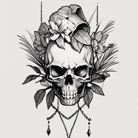 <lora:MinTattoo-000033:1>, mintat1, skull, gem, plant