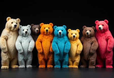 A lineup of standing anthro bears in all colors of the rainbow, professional photoshoot, great lighting, dark background