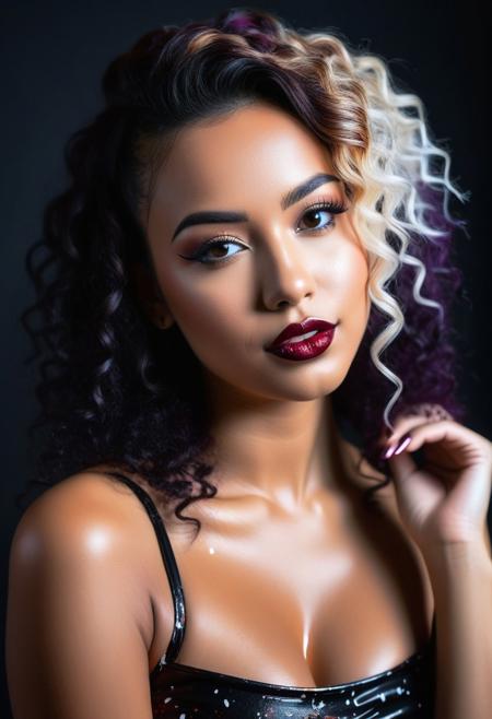 (RAW photo, subject, 8k uhd, dslr, soft lighting, high quality, film grain, Fujifilm XT3, masterpiece, best quality, extremely detailed photograph, volumatic light, ray tracing, bust shot , extremely detailed 8k wallpaper, nsfw), (two gothic girls:2.0), ((beautiful african girl or german girl), (black or brown or white (paint splattered:1.8) skin), (paint splattered:1.8) gothic clothesi,  (long or medium lenght straight wavey curly black blonde brunette white (paint splattered:1.8) hair), (colorful streaks), undercut hairstyle, chin bangs, dread hairstyle, braid hairstyle, delicate face and eyes, (glossy lips:2.0), (huge:1.6) breast, small waist, hourglass figure, (glasses:0.8), (painting portrait picture on canvas:2.0), in darkroom, dark walls, sexy pose, look at viewer, smile, hdr,, indirect lighting, soft lighting