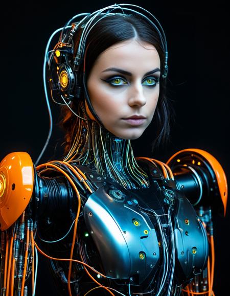 <lora:4n4d34_SDXL_SGX:1>,(close-up) photograph of (beautiful 26 year old) (4n4d34:1.2) woman with dark hair,as a cyborg android,with a woman's head attached to android robot body, connected by hydraulics and cables and LEDs, (attractive face with glowing dark orange led eyes),with an shapely iridescent plexiglass body,with visible circuits and wires and gears,holding a ray gun, 80 degree view, surreal,with black wall covered with pipes and wires in background, ambient light,cyber punk,cybernetic,(upper body shot:1.3),hdr,rich details,clear shadows and highlights,realistic,highly detailed,