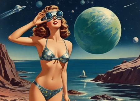 postcard from space travel, ruddy and buxom  shiny hair haired woman  covering_eyes in a two piece Ornate bikini on a rocky and foreboding galactic shore, shooting star, retro futurism, 1 9 5 0 s, retro-futurism in front of a planet, retro futurism art, pulp novel illustration