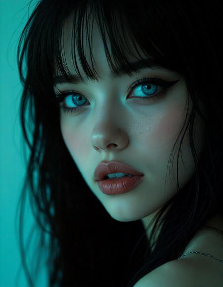 hyperrealistic art (dark mood masterpiece Photography:1.2), portrait of a mysterious woman with blue eyes and bold eyeliner, she has sensuous lips, looking seductively, naughty, shy smirking. The extreme realism focuses on her detailed skin, showing fine textures and natural highlights. photography masterpiece, modern, irresistible beauty, fuzzy lighting, dark mood, unusual composition, use of negative space, (rule of thirds composition), simmetry , mysteriouse, emotional, flirting, (fine erotic content:0.65), groundbreaking unrivaled opus with unrivaled details, (Chartreuse color scheme), highly detailed, melancholic, low-light hyper detailed photography, catchlights, style by Luis Royo . extremely high-resolution details, photographic, realism pushed to extreme, fine texture, incredibly lifelike,, extreme close-up shot,style by luis royo . extremely high-resolution details, photographic, realism pushed to extreme, fine texture, incredibly lifelike