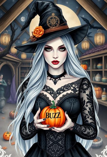 illustration featuring a mystical, Halloween-themed portrait. The layout is centred, focusing on a woman with long, flowing silver hair, wearing a black witch's hat adorned with mystic symbols. Her skin is pale, and she has striking facial features with dark, dramatic makeup. She is dressed in an intricate black lace bustier. In her hands, she holds a small pumpkin shaped cauldron with the text "BUZZ" on it. The background is a fantastic witches workshop, enhancing the magical and ethereal atmosphere of the scene.
ArsMJStyle, Watercolor