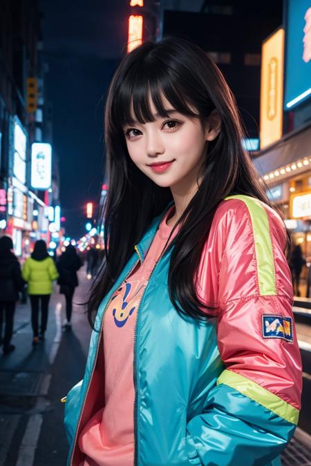 masterpiece,best quality,1girl,city pop,night,neon light,looking at another,upper body,vector illustration,jacket,light smile,blunt bangs,long hair,