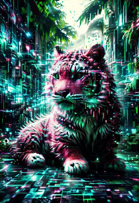 Highly detailed Dynamic shot of texture fur  adorable pink and blue baby tiger, extremely detailed fur  <lora:SDXLFaeTastic2400:0.8> High quality texture, intricate details, detailed texture, High quality shadow, Cinematic Light, Depth of field, light source contrast, cosmic jungle background filled with clouds, whimsical fantasy , glowing green Matrix code powers, powers swirls from hands, futuristic background, code raining from the sky, buildings flicker with data, Olaf friendly, glitchy hologram, pixelated, Cinematic lighting, dramatic pose, cyberpunk atmosphere.
score_9, score_8_up, score_8_up, masterpiece,super detailed face, super high resolution, FaceDetail, masterpiece-level, highly detailed, intricate details, detailed background, complex background, cinematic, intricately detailed illustration, depth of field, masterpiece, best quality, amazing quality, very aesthetic, absurdres, newest, very awa, shadow,