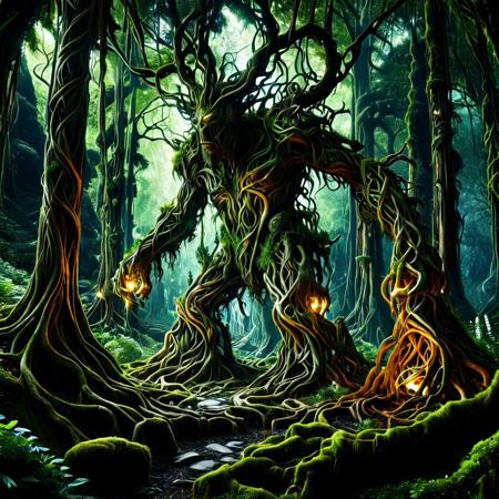 a colossal forest golem made of intertwined roots and bark, glowing moss on its arms, eyes like ancient lanterns, dense jungle background, fantasy RPG creature design, dramatic perspective, ultra detailed, mystical vibe, morph-treeroots
<lora:TreeRoots_SDXL:1.0>