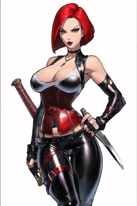 (1girls:1.4), (((solo,
 (black corset),red detail in corset, red hair, ((short straight hair)) , ((leather pants)),  medium breats, fingerless gloves up to the elbows, bare shoulders, necklace on the neck, detailed accessories, red thighs, pants up to the hip,red lips, navel , garter straps, (((weapons in hands))), (full body),<lora:Rayne_TV1:0.5>
)))
(((mature and milf))),  wide hip,
 ((from front))
(((sticker with white border))),  (((basic white background))),((solo)), (dynamic pose:0.9), photorealistic, (hyperrealistic:1.2), beautiful, masterpiece, best quality, extremely detailed face, perfect lighting,  nsfw,   glowing, ,  perfect eyes, large eyes, curly eyelashes,  (exited face:1.1) , ((perfect face)),  (((horny))), ((perfect hands)), (perfect hands),