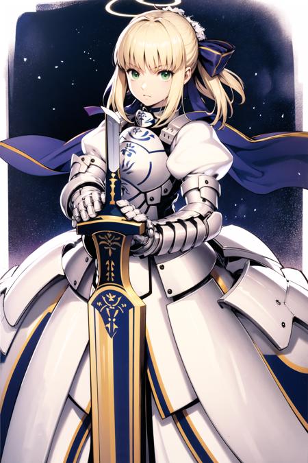 saber, artoria pendragon (fate), blonde hair, weapon, ahoge, sword, armor, green eyes,1girl, standing, white dress, gauntlets, excalibur (fate/stay night), ribbon, hands on hilt, armored dress, halo, hair ribbon, caliburn (fate), puffy sleeves, <lora:Yasuda akira:0.8>