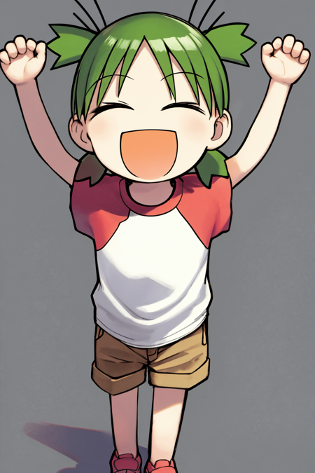 masterpiece, best quality, 1girl, yotsuba, green hair, quad tails, raglan sleeves, shorts, :d, ^_^, arms up, closed eyes, simple background, white background <lora:YotsubaKoiwai:1>