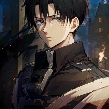 1man,<lora:Levi Ackermann:0.9>,highly detailed,high res, (Levi Ackermann),attack on titan,black hair,solo, outside, detailed eyes, full face, ruins,flames,black smoke,(three-dimensional_maneuver_gear),(blurred_background)