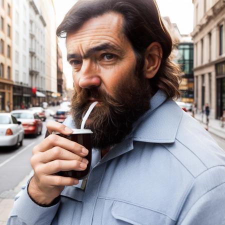 a man drinking coffee in the street, 8k <lora:cortazar:1>