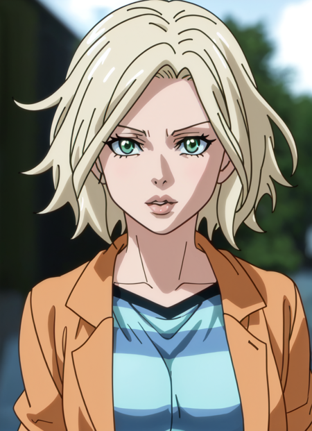 (anime screencap), anime coloring, <lora:liv_moore_offset:0.5>, liv moore, masterpiece, best quality, 1girl, solo, striped shirt, realistic, shirt, striped, blurry, blurry background, upper body, jacket, lips, parted lips, short hair, blonde hair, white hair, looking at viewer, green eyes