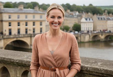A single, hyper-detailed, ultra-high-resolution (8K) portrait of one elegant 40-year-old woman with sleek blonde hair tied back. She has striking blue eyes, natural laugh lines, and subtle wrinkles that give her a grounded, sophisticated charm. She wears a rustic-chic linen dress in soft terracotta tones, cinched with a tan leather belt, and tan ankle boots. She is standing alone on the historic Pulteney Bridge, with the River Avon and soft Georgian architecture of Bath blurred gently in the pastel-toned background, captured with shallow depth of field.