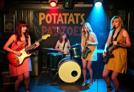 "The Idaho Potatoes", An all female 'New Wave band from Boise Idaho, Aoife on Guitar, Brigid on Drums, E.M. on Keyboards, Gwyneth on Saxophone, all dressed in old potato sacks and fishnet stockings, They are performing on stage in a small smoke filled pub in Birmingham England, somehow a 'producer' had seduced E.M. and left her pregnant-then abandoned them after he took all their money and left them in the middle of a Birmingham street, They hope to make it big in the coming decade (the 1980's), but Gwyneth is doubtful and is thinking about leaving the band,