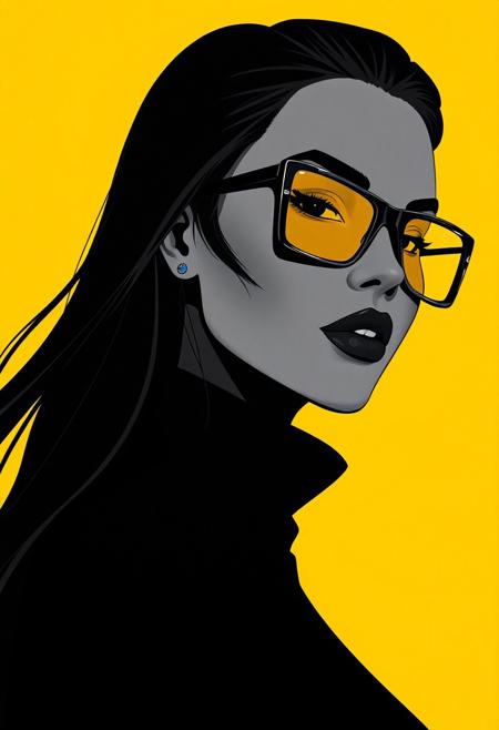 Close-up of a stylized female portrait. 
The figure is rendered in a grayscale palette, with a deep black color for clothing and hair, set against a vibrant yellow background.  The woman has long, dark hair that falls down her back.  Her facial features are defined, with a strong jawline and a confident expression.  She is wearing large, square-framed sunglasses with amber or yellowish-gold lenses.  The sunglasses are a noticeable feature, contrasting sharply with the surrounding dark tones. 
A turtleneck-style top is visible, further enhancing the silhouette.  The overall style is fashion-forward and somewhat dramatic, emphasizing form and contrast against the background. The figure is presented in a three-quarter profile view.
<lora:FLUX-daubrez-DB4RZ-v2:1> DB4RZ, DB4RZ style painting
