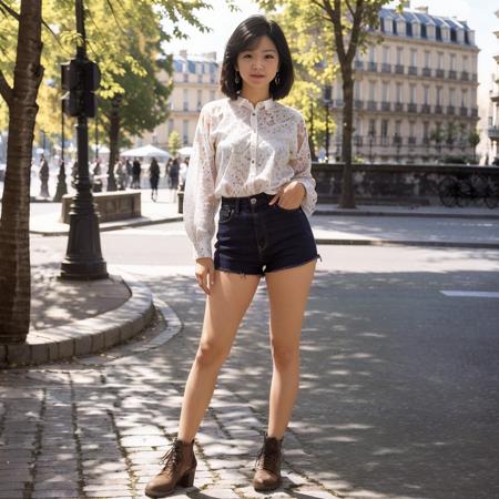 1girl, solo,(full body:1.5) ,Teresa Teng, Teresa_Teng,black eyes, black hair, shirt,earrings, standing,steaming body,(standing),(shiny skin),(smiling:1.1),(((Traveling in Paris, France))),((Mottled light and shadow,warm light ,depth of field)),Wide angle view,1980s Taiwanese style,(((posing for a photo))),<lora:myv3TeresaTeng32:0.7>,<lora:FilmG2:0.5>, (8k, RAW photo, best quality, masterpiece:1.2), (realistic, photo-realistic:1.37), (extremely detailed CG unity 8k wallpaper),high detail RAW color photo of a 30 y.o women, (highres), ultra realistic, hyperrealistic, (high detail face), young woman,beautiful face, looking at viewer, perfect face, detailed hair , perfect body,professional lighting, photon mapping, radiosity, physically-based rendering, ultra-detailed, extremely detailed, beautiful detailed girl, extremely detailed eyes and face, cinematic lighting, perfect fingers, perfect hands, perfect legs, cinematic lighting, extreme details, realistic skin