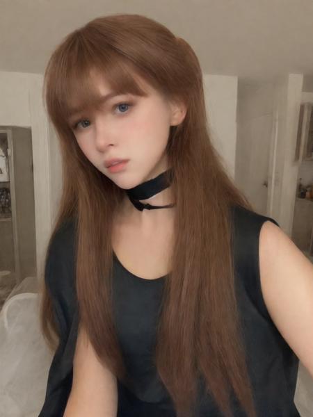 dirya, aska, 1girl, long red hair, beautiful, young, (black dress:1.3), chocker, selfie photo, <lora:dirya:0.8>