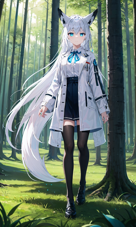 masterpiece, best quality, 1girl, blue eyes, white hair, expresionless, fox ears, closed mouth, white shirt, jacket, jewelry, looking at viewer, ribbon-trim, long hair, forest background, full body, kwkzsdfa, kwkzmit, blue neck ribbon