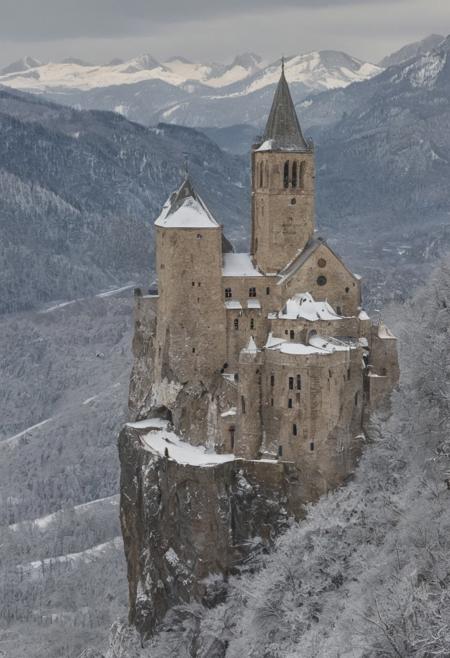 A breathtaking winter scene, high-quality travel photography of a fortified abbey perched precariously on a cliff, overlooking a winding river valley in the mountains, next to the church stands a large watch-tower, with four turrets at the cardinal points. Abundant snow, enchanted landscape, The sky is partly cloudy, and the mountains are hazy in the distance.