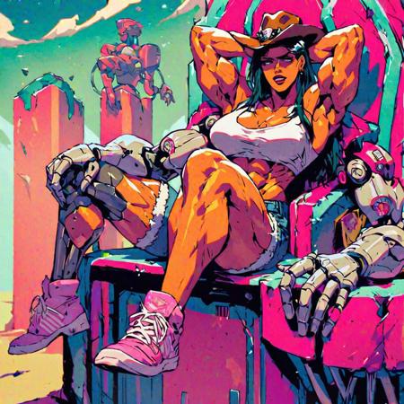 Score_9,score_8,anime, vivid colors,futa,muscular_woman, arms behind head bodybuilder pose,pleased,cyborg,muscular_woman,cowboy hat,tight denim shorts, crop top,robot arms and legs,one leg on table, sitting on throne,wearing pink sneakers,Miami vice style