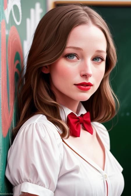 photo of a woman, racheln-2652:0.99, ((pale skin)), ((dark brown hair)), ((bowtie, white shirt)),((closeup, portrait):1.2),((classroom, chalkboard):1.3),((red lipstick, eyeliner, eye shadow, blush):1.2), ((best quality, masterpiece, extreme details, high resolution):1.2),((detailed eyes, beautiful eyes, detailed face, beautiful face):1.2), photo of the most beautiful artwork in the world, professional majestic (photography by Steve McCurry), 8k uhd, dslr, soft lighting, high quality, film grain, Fujifilm XT3 sharp focus, f 5.6, High Detail, Sharp focus, dramatic